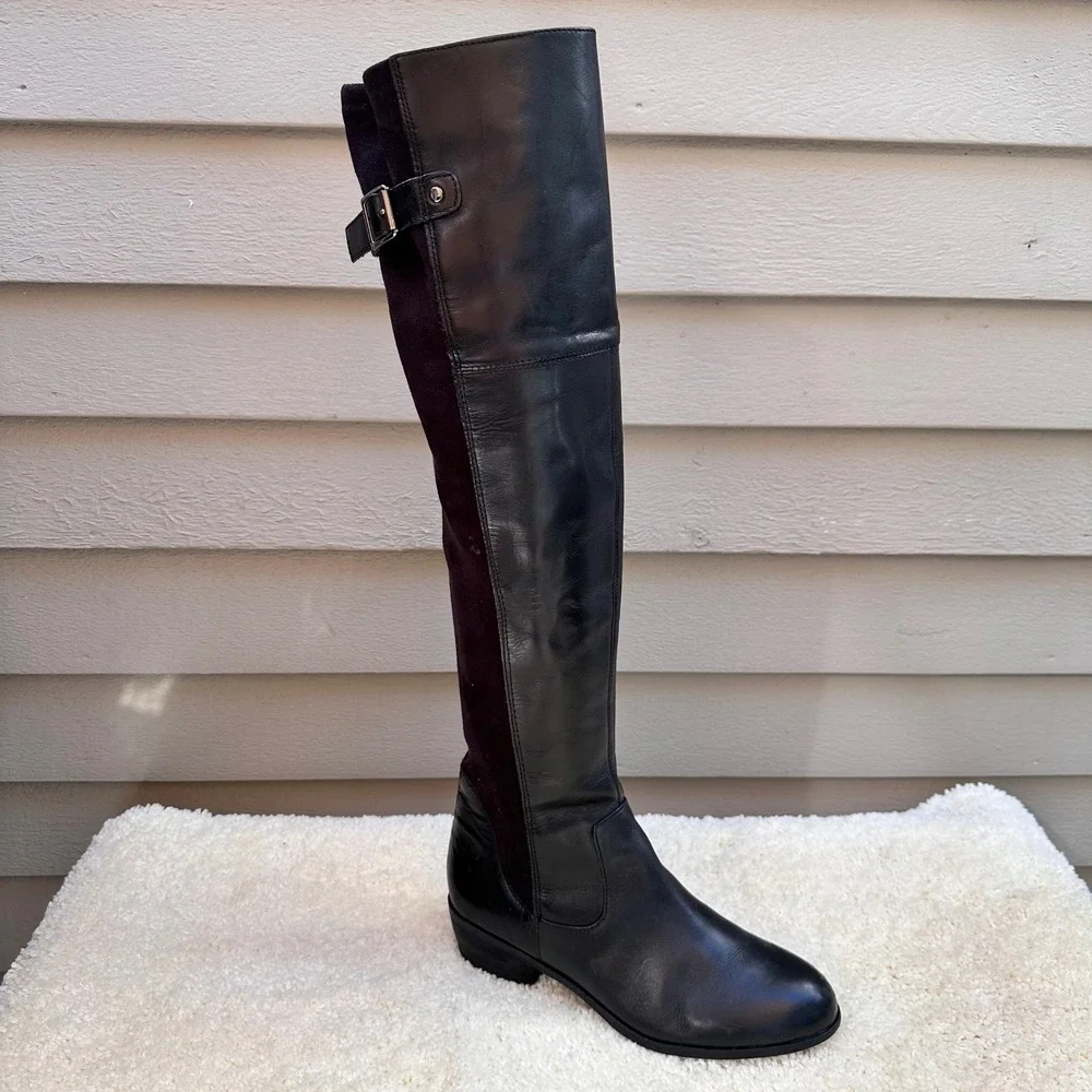 Sam Edelman Jacob Black Leather Over The Knee Boots Womens 8M Low Block Heel